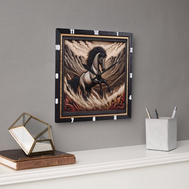 Mustang Range Horse Leaping in a Mountain Hollow Square Wall Clock (Office)