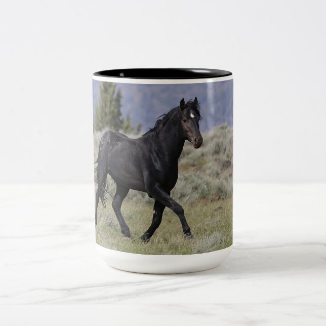 Mustang Wild Black Stallion and Cloud BeverageMug  Two-Tone Coffee Mug (Center)