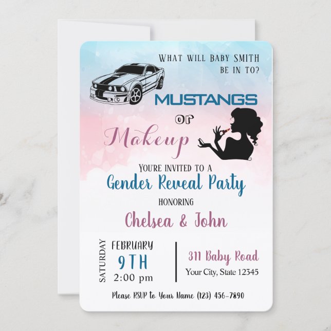 Mustangs or Makeup Gender Reveal Invitation  (Front)