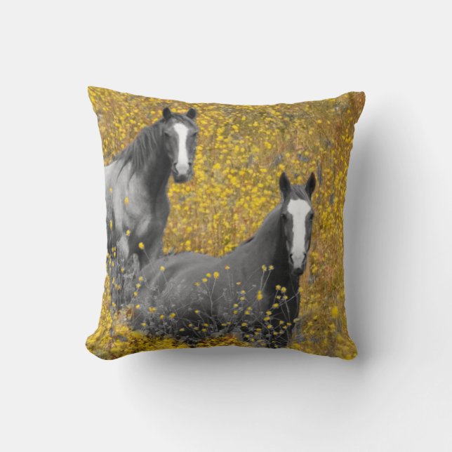 Mustard and Horses Throw Pillow (Front)