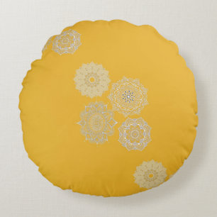 Mustard and Mandalas Round Pillow
