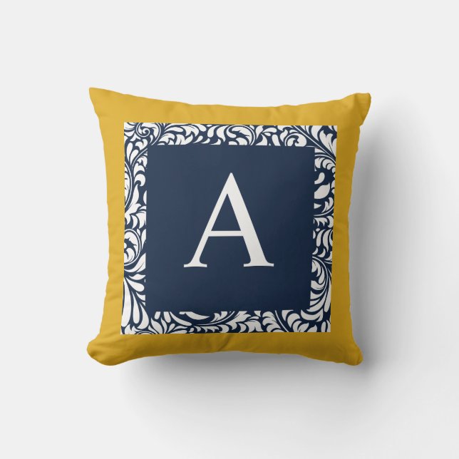 Mustard And Navy Monogram A Throw Pillow (Front)