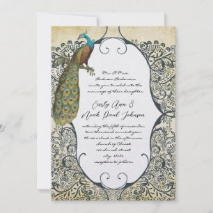 Mustard and Navy Peacock Love Bird Pattern Wedding Invitation