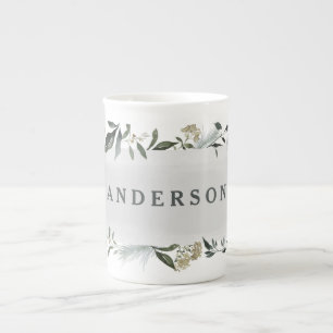 Mustard and olive watercolor foliage personalized bone china mug