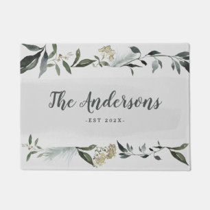 Mustard and olive watercolor foliage personalized doormat