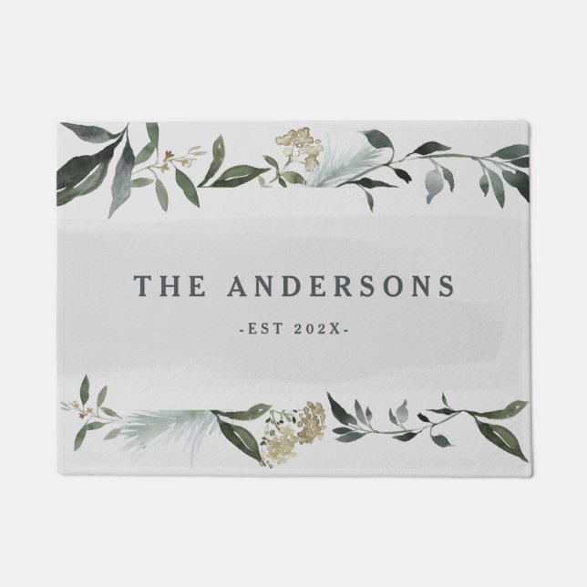 Mustard and olive watercolor foliage personalized doormat (Front)
