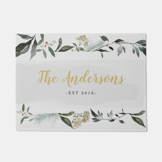 Mustard and olive watercolor foliage personalized doormat (Front)