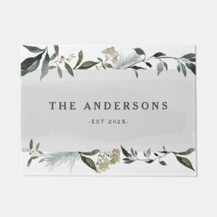 Mustard and olive watercolor foliage personalized doormat