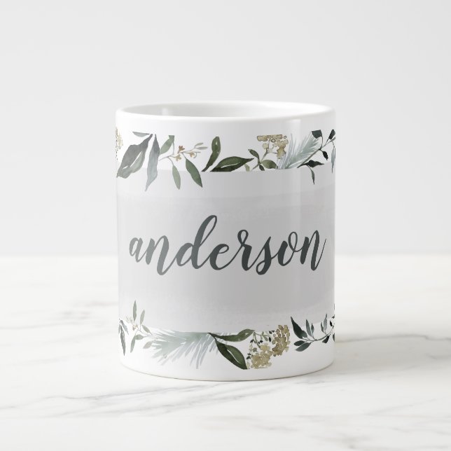 Mustard and olive watercolor foliage personalized large coffee mug (Front)