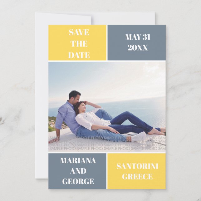 Mustard and slate grey colour block Save the Date (Front)