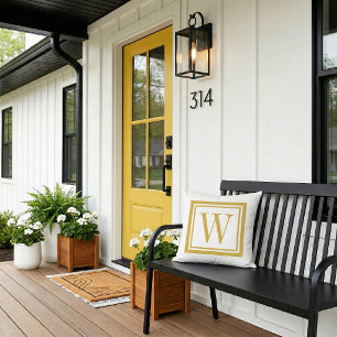 Mustard and White Classic Square Monogram Outdoor Pillow