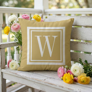 Mustard and White Classic Square Monogram Outdoor Pillow