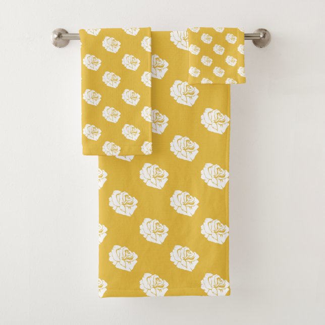 Mustard and White Rose Bath Towel Set (Insitu)