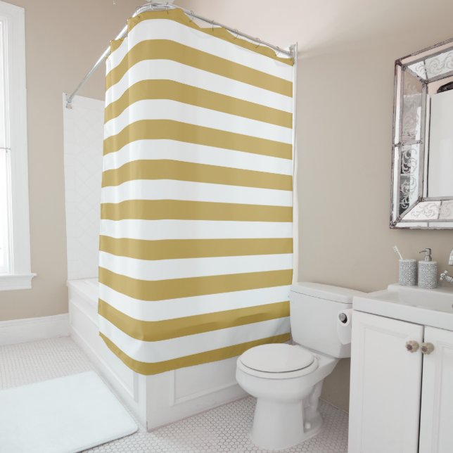 Mustard and White Stripes Shower Curtain (In Situ)