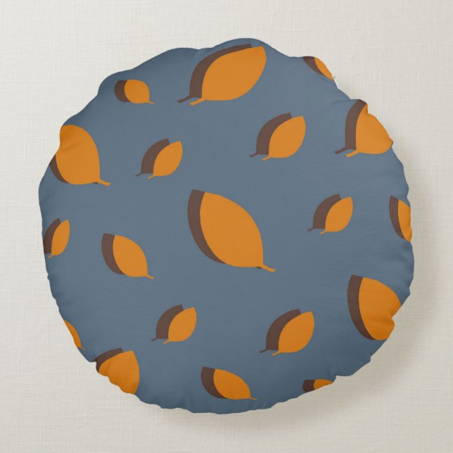 Mustard autumn leaves pattern on a blue background round pillow (Back)