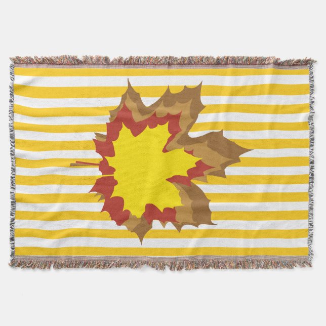 Mustard Autumnal Stripes with Leaves Throw Blanket (Front)