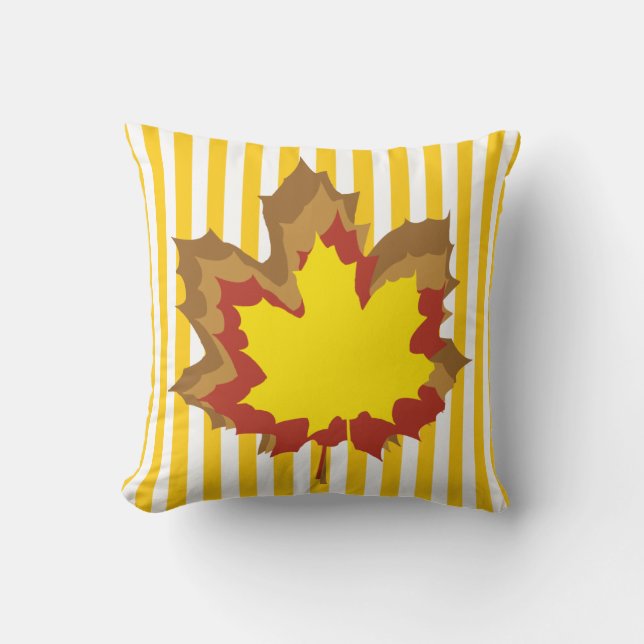 Mustard Autumnal Stripes with Leaves Throw Pillow (Front)