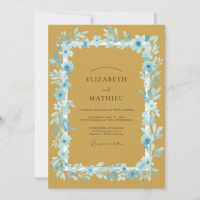 Mustard Blue Blossom Romance Wedding Invitation (Front)