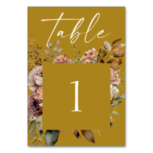 Mustard Brown Floral Wedding   Elegant Fall Boho Table Number