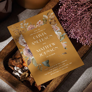 Mustard Brown Wedding. Boho Fall Floral QR Details Invitation