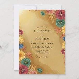 Mustard Burgundy Zinnia Eucalyptus Wedding Invitation