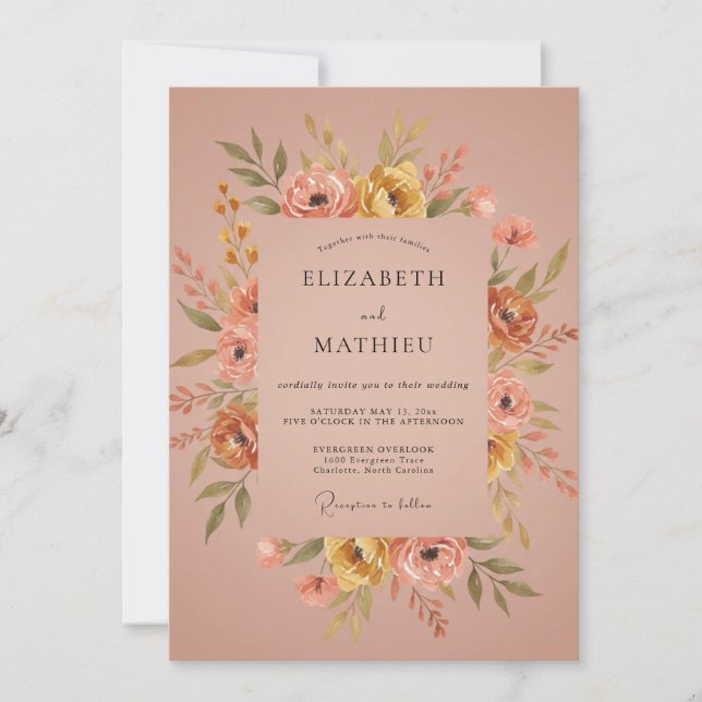 Mustard Coral Peony Wedding Invitation (Front)