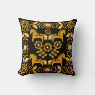 Mustard Dala Swedish Horse Print Throw Pillow