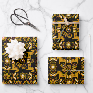 Mustard Dala Swedish Horse Print Wrapping Paper Sheet