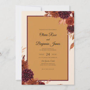 Mustard Deep Burgundy Dahlia Wedding Invitation