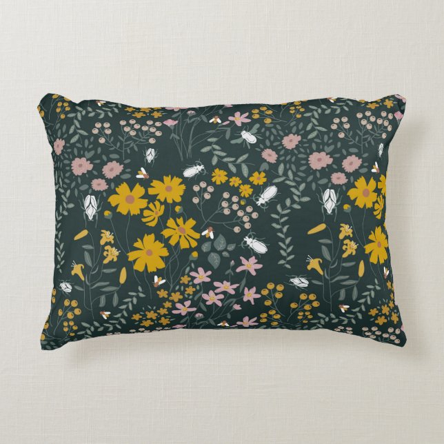 Mustard Floral Beetles & Bees Bohemian Wildflowers Accent Pillow (Front)