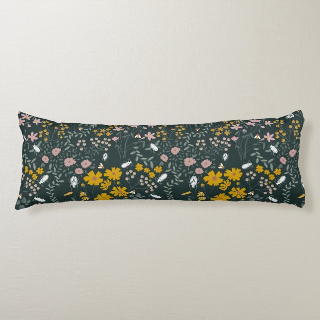 Mustard Floral Beetles & Bees Bohemian Wildflowers Body Pillow (Front)
