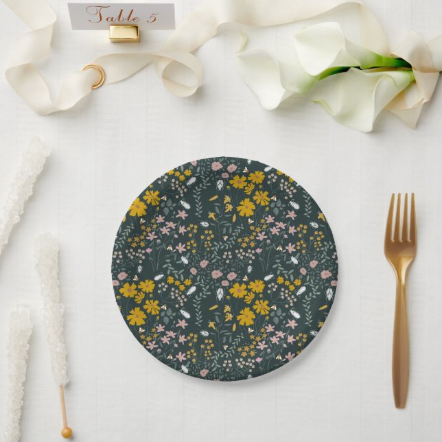 Mustard Floral Beetles & Bees Bohemian Wildflowers Paper Plate (Wedding)