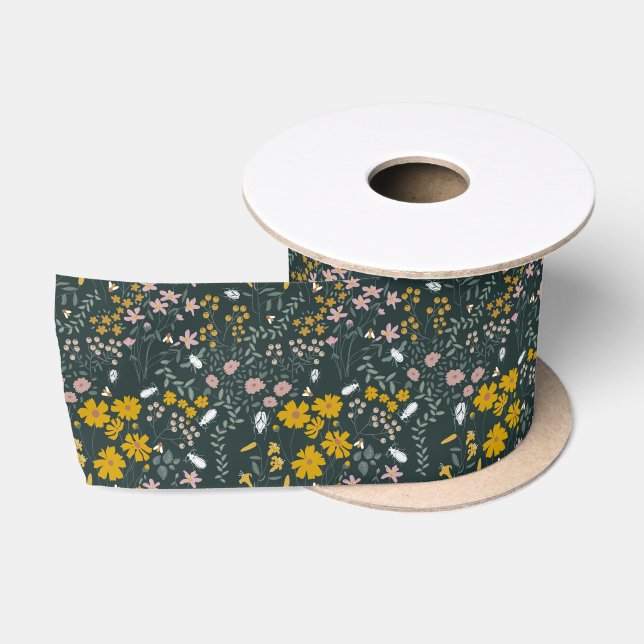 Mustard Floral Beetles & Bees Bohemian Wildflowers Satin Ribbon (Spool)