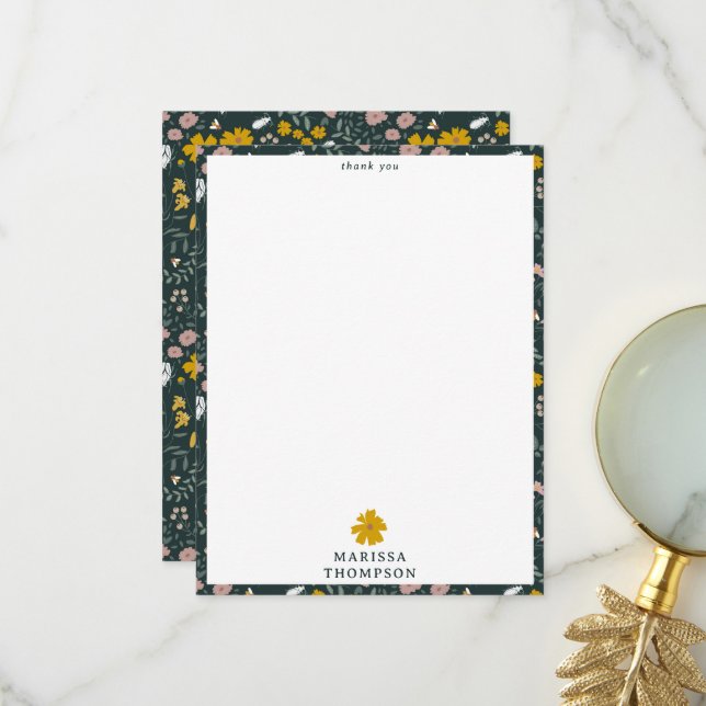 Mustard Floral Beetles & Bees Bohemian Wildflowers Thank You Card (Front/Back In Situ)