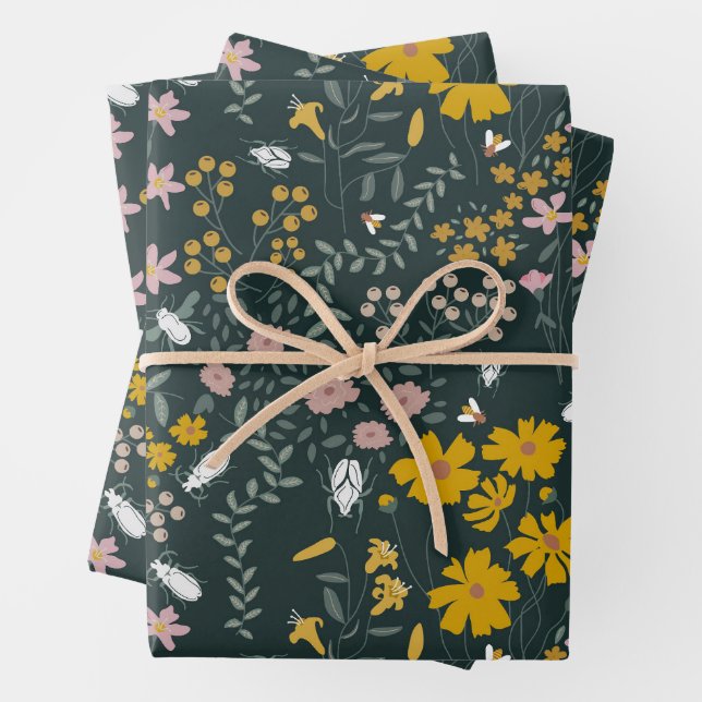 Mustard Floral Beetles & Bees Bohemian Wildflowers Wrapping Paper Sheet (In situ)