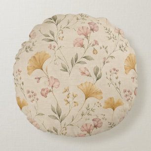 Mustard Floral Vintage Vine Botanical Throw Blanke Round Pillow