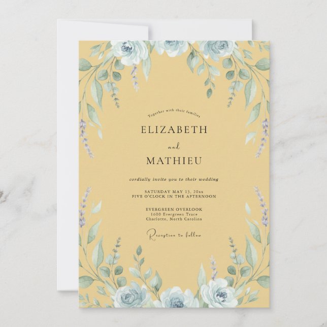 Mustard Grey Foliage Eucalyptus Wedding Invitation (Front)