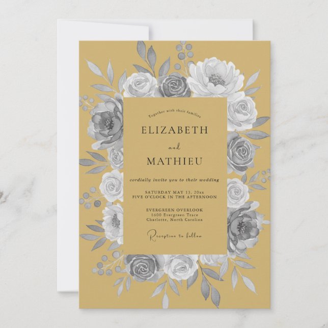 Mustard Grey Rose Wedding Invitation (Front)