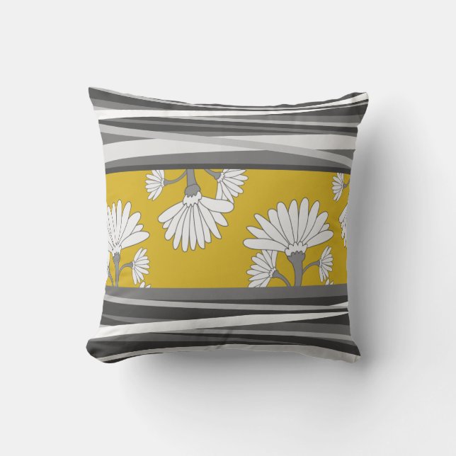Mustard Greyscale Abstract Floral Throw Pillow (Front)
