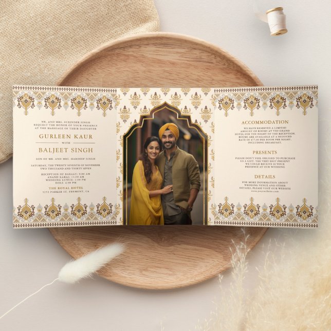 Mustard Ikat All in One Anand Karaj Sikh Wedding Tri-Fold Invitation (Creator Uploaded)