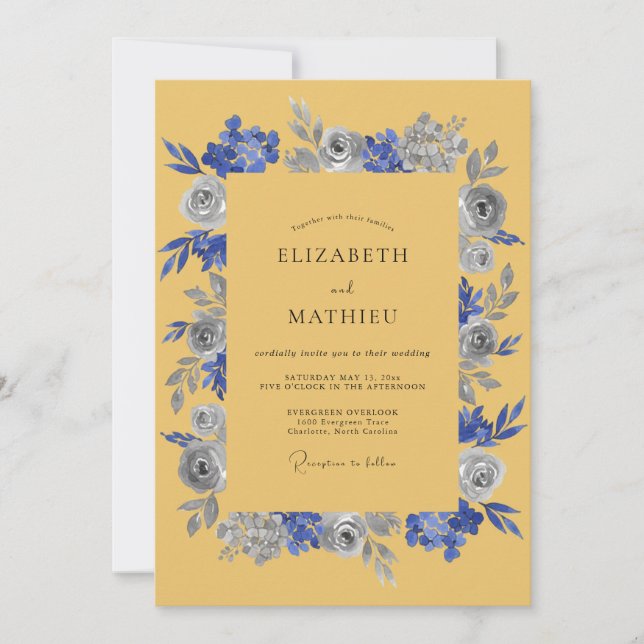 Mustard Indigo Floral Rustic Wedding Invitation (Front)
