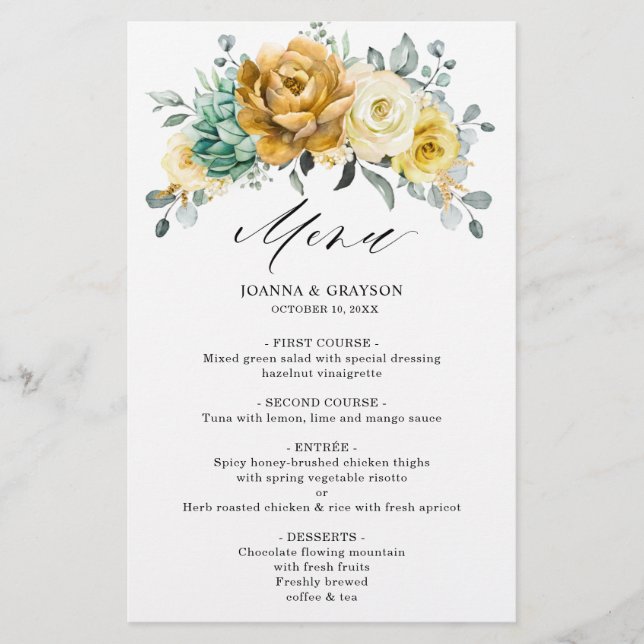 Mustard Jaune Floral Sage Green Menu Mariage (Devant)