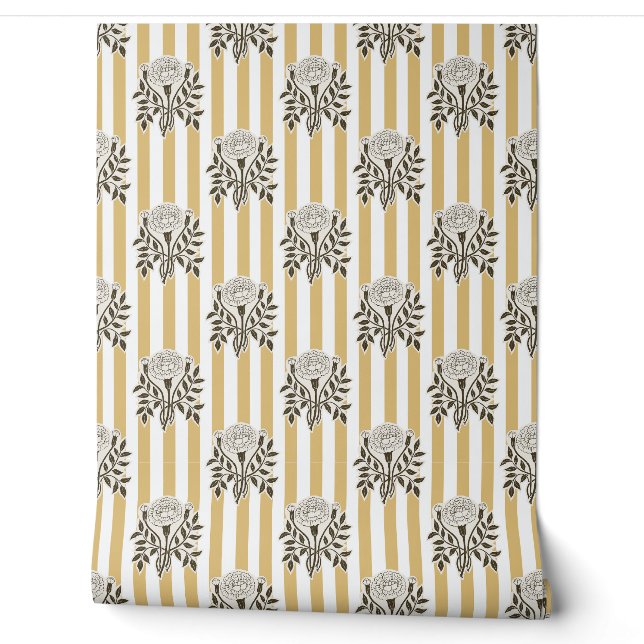 Mustard Marigold flowers stripe pattern Wallpaper (Unrolling)