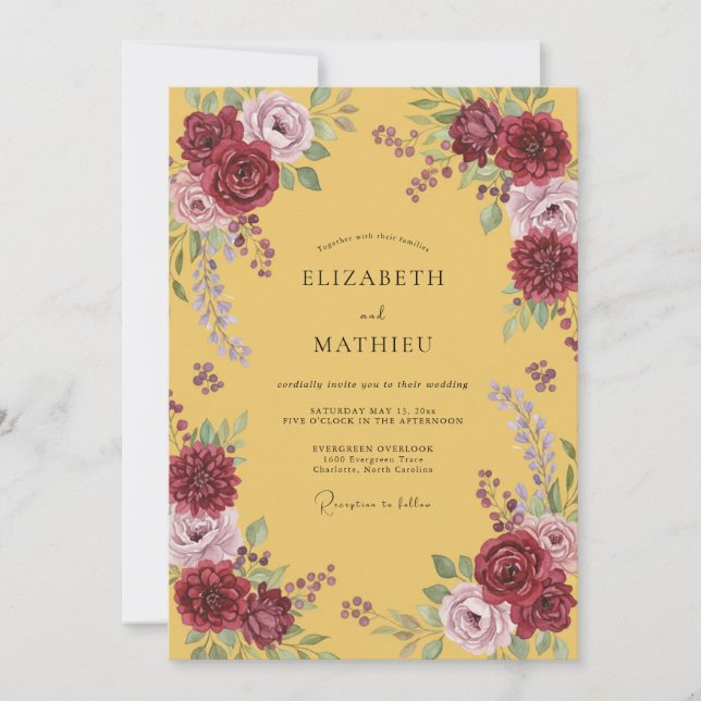 Mustard Maroon Dahlia Wedding Invitation (Front)