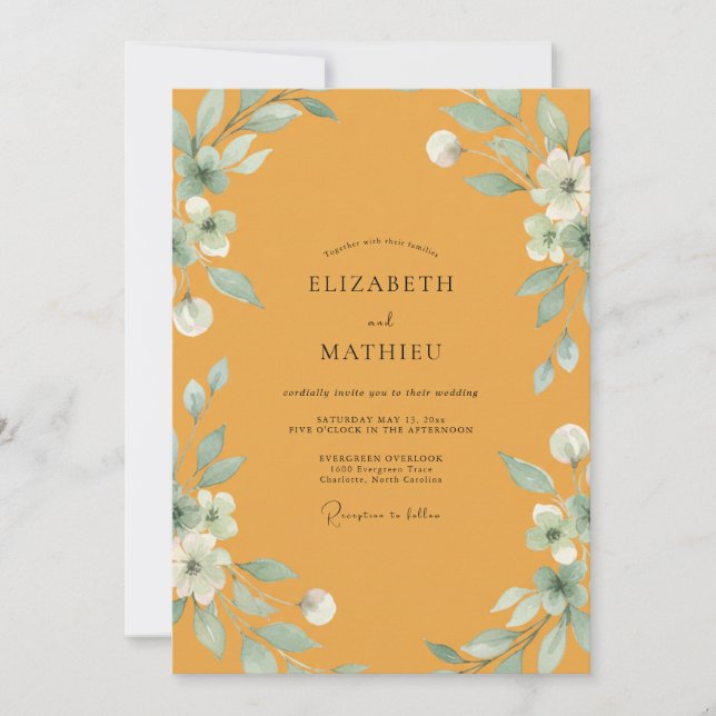 Mustard Mint Leafy Wedding Invitation (Front)