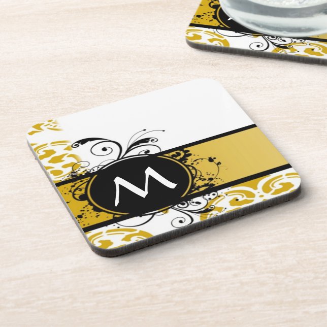 Mustard monogrammed damask pattern coaster (Left Side)