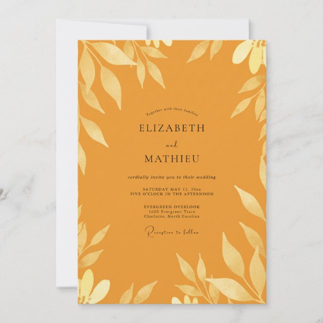 Mustard Ochre Leafy Wedding Invitation (Front)
