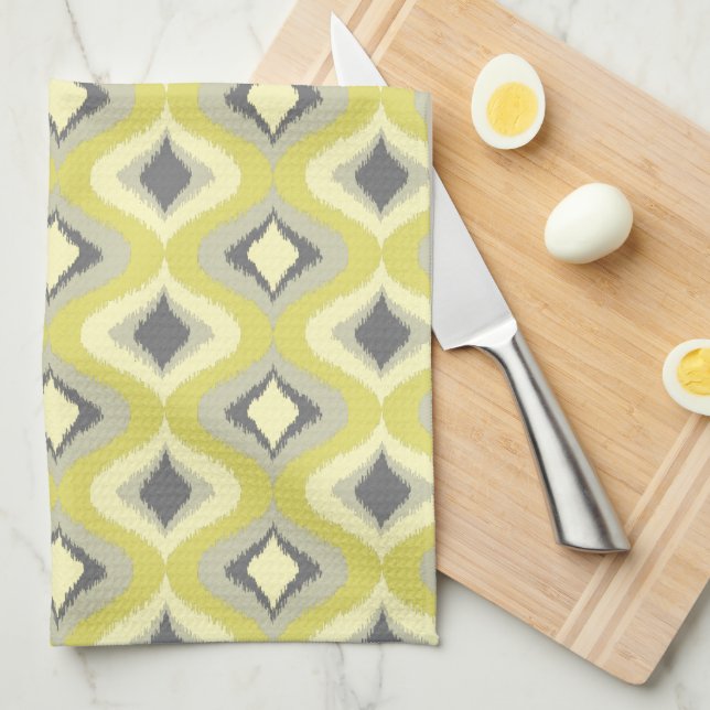 Mustard Ochre Yellow Green Ikat Ogee Art Pattern Kitchen Towel (Quarter Fold)