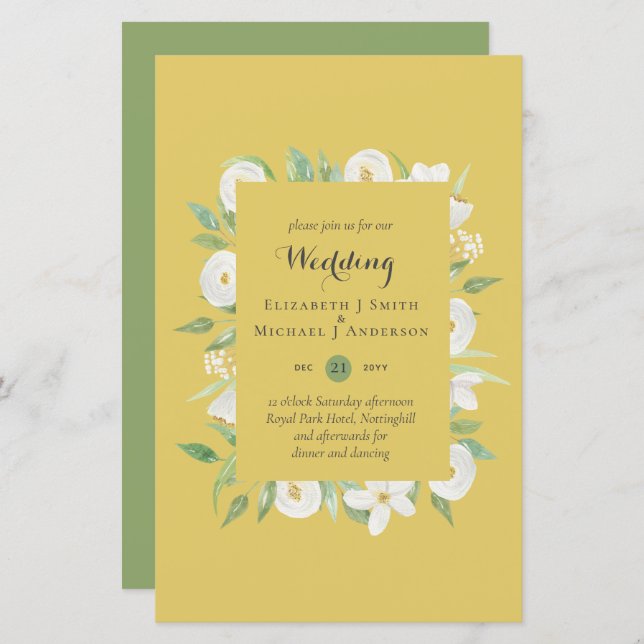 Mustard Olive Magnolia Budget Wedding Invite A9 (Front/Back)