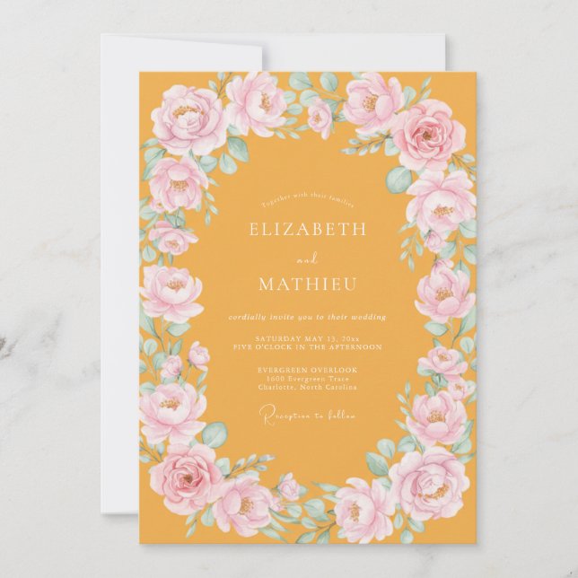 Mustard Peach Ranunculus Eucalyptus Wedding Invitation (Front)